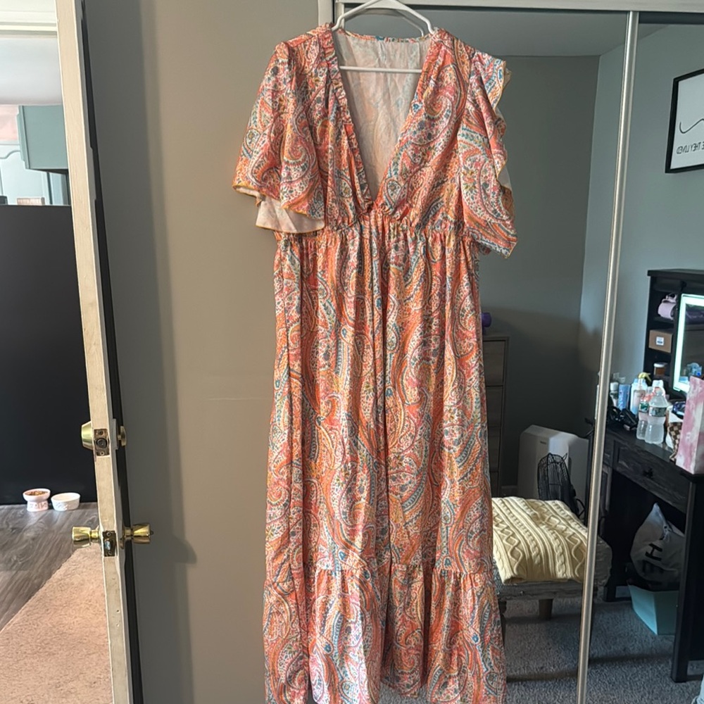 SHEIN Orange Ruffled Maxi Dress with Flutter Sleeves
